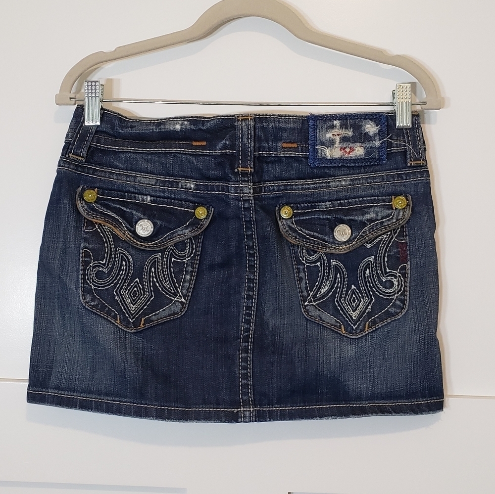 MEK Denim USA Mini Skirt Blue Jean Button Flap Pockets Stretch Size 27
